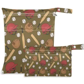 visesunny Baseball Doodle Pattern 2Pcs Wet Bag with Zippered Pockets Washable Reusable Roomy for Travel,Beach,Pool,Daycare,Stroller,Diapers,Dirty Gym Clothes, Wet Swimsuits, Toiletries