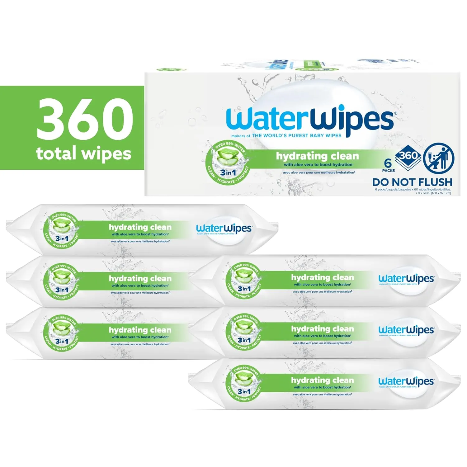 WaterWipes Hydrating Clean Baby Wipes, 99% Water-Based Formula with Aloe Vera to Hydrate & Clean Skin, Unscented & Hypoallergenic, 360 Count (6 Packs)