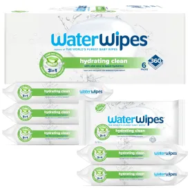 WaterWipes Hydrating Clean Baby Wipes, 99% Water-Based Formula with Aloe Vera to Hydrate & Clean Skin, Unscented & Hypoallergenic, 360 Count (6 Packs)