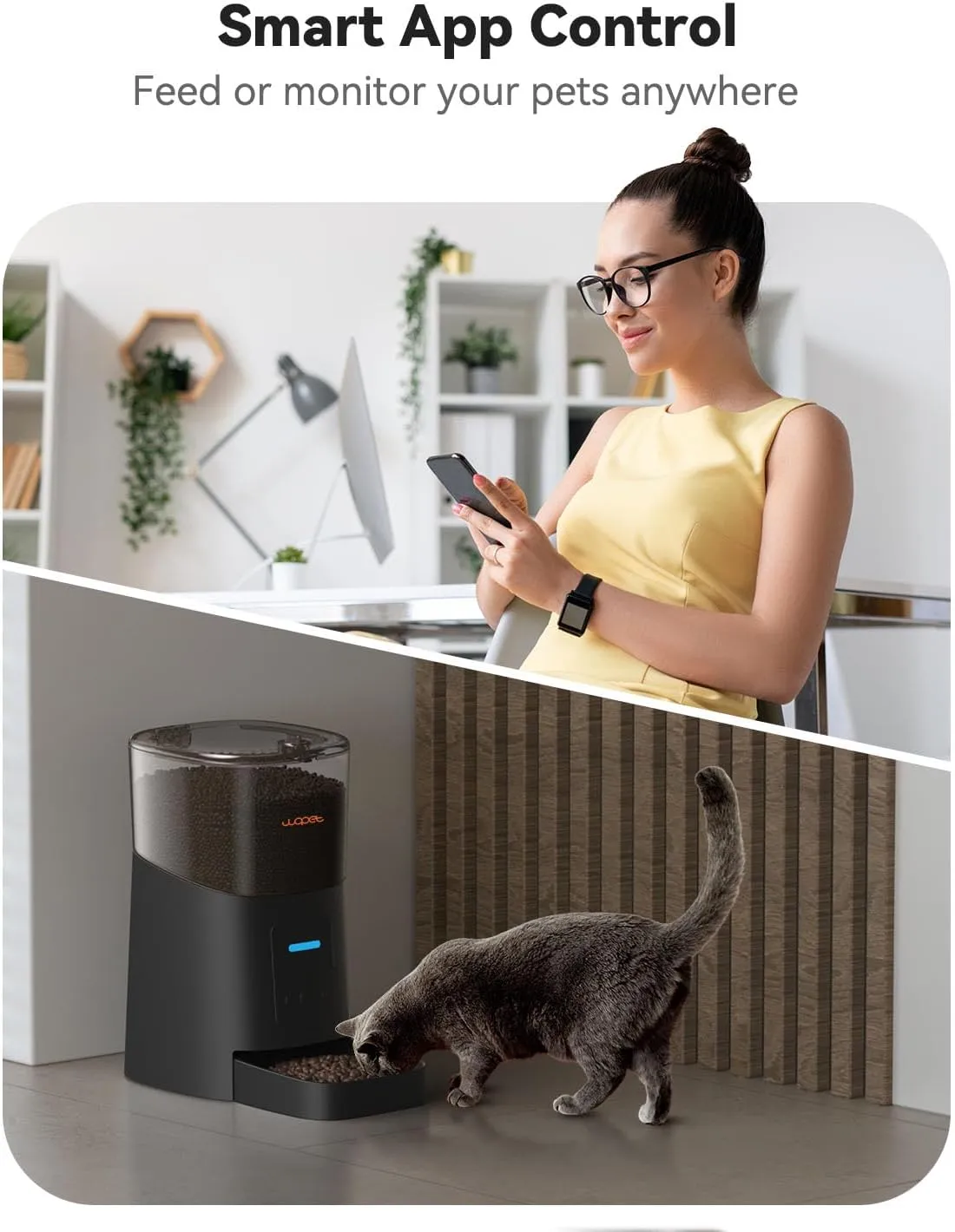 WOPET 6L Automatic Cat Feeder, WiFi Dog Feeder with APP Control for Remote Feeding, Automatic Cat Food Dispenser with Low Food Sensor and Voice Recorder, Up to 15 Meals Per Day