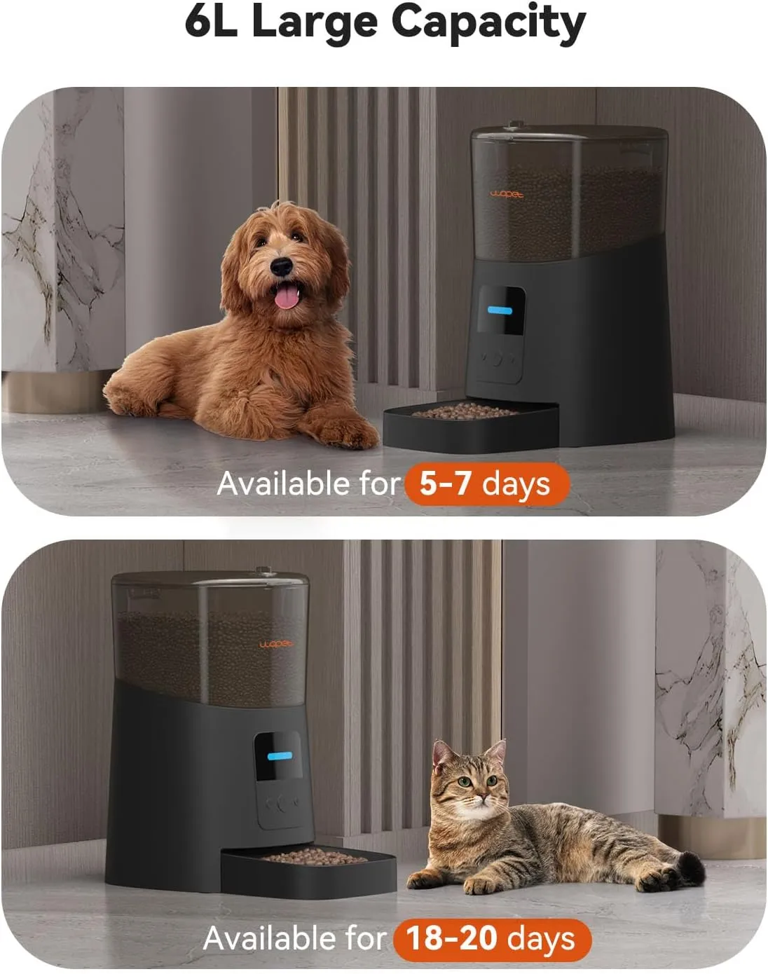 WOPET 6L Automatic Cat Feeder, WiFi Dog Feeder with APP Control for Remote Feeding, Automatic Cat Food Dispenser with Low Food Sensor and Voice Recorder, Up to 15 Meals Per Day