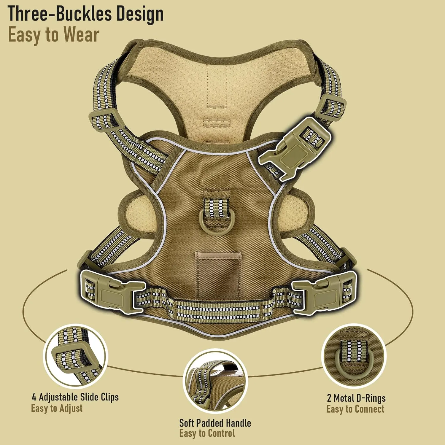 XSmall No Pull Dog Harness, Adjustable Dog Vest for Easy Walking, Breathable Oxford Material, Reflective Pet Vest Harness with Metal Front Clip Control, Terriers, Havanese, Army Green, XS